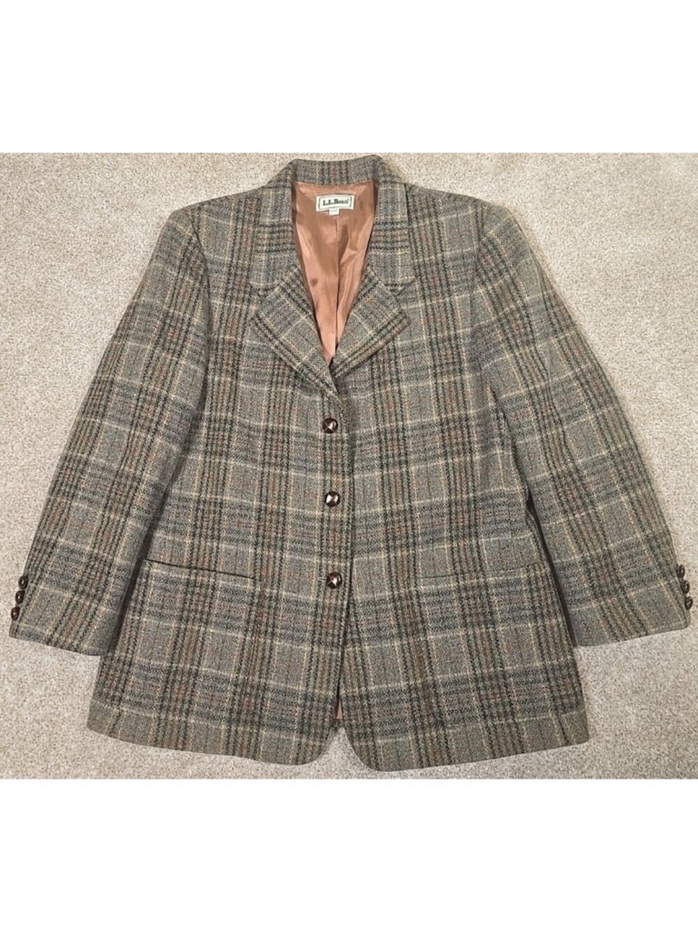 L.L. Bean Vtg Button Up Wool Blend Blazer Gray Plaid Lined USA Made Women's 14P
